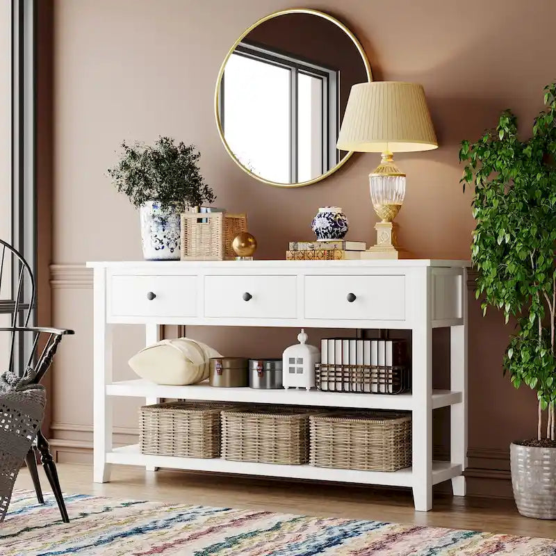 Console en bois de pin de style Mid-Century avec 3 tiroirs et 2 étagères ouvertes