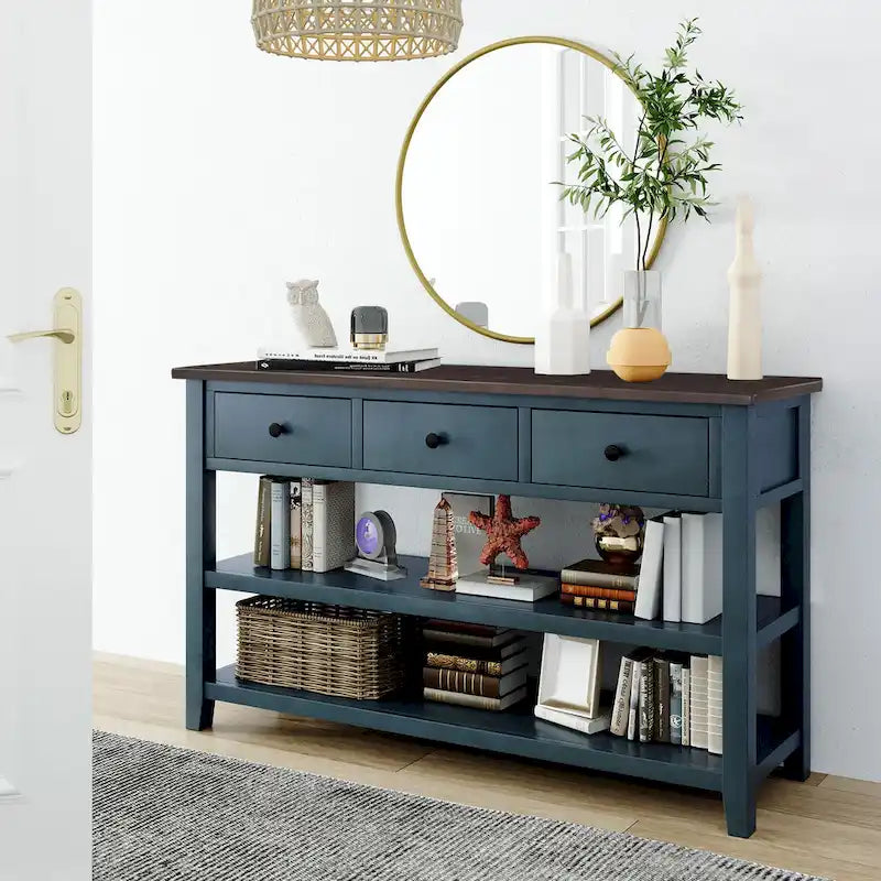 Console en bois de pin de style Mid-Century avec 3 tiroirs et 2 étagères ouvertes