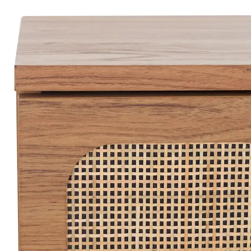 Table de chevet à 2 tiroirs avec treillis en rotin et poignées en métal