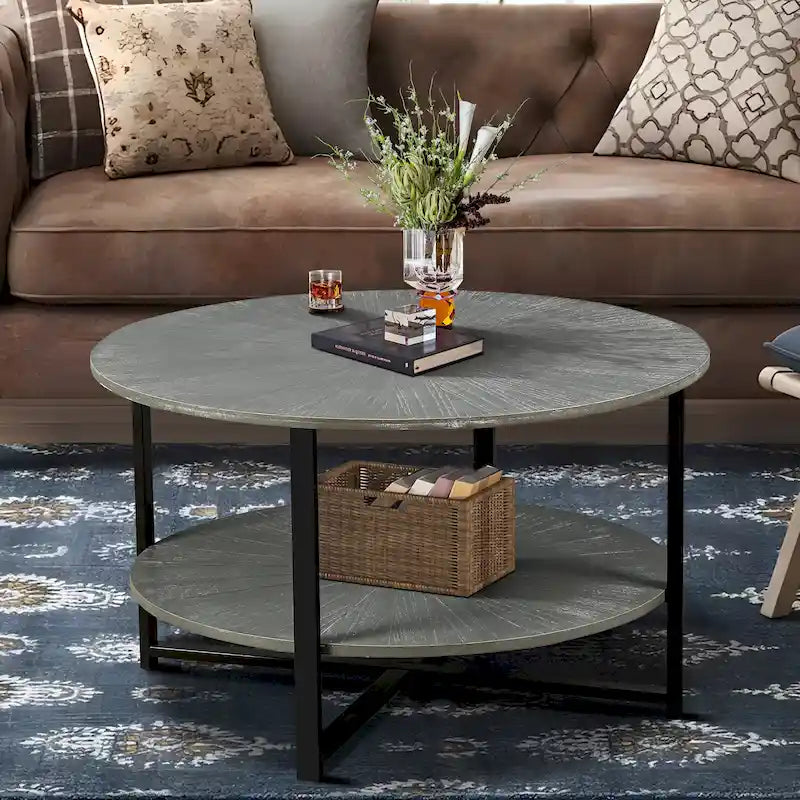 Table basse ronde de ferme avec 2 niveaux de rangement et pieds en métal en croix