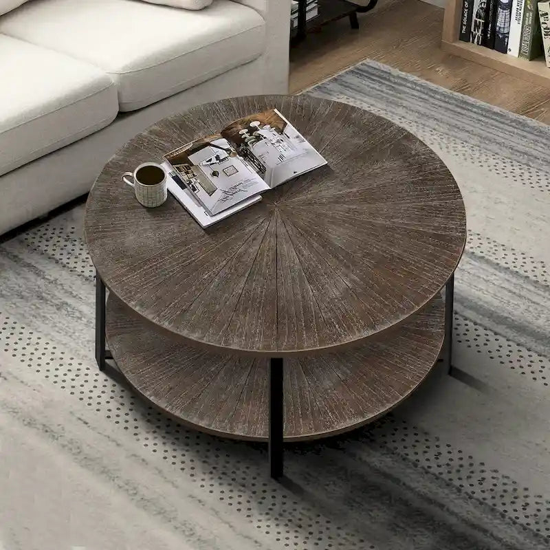 Table basse ronde de ferme avec 2 niveaux de rangement et pieds en métal en croix