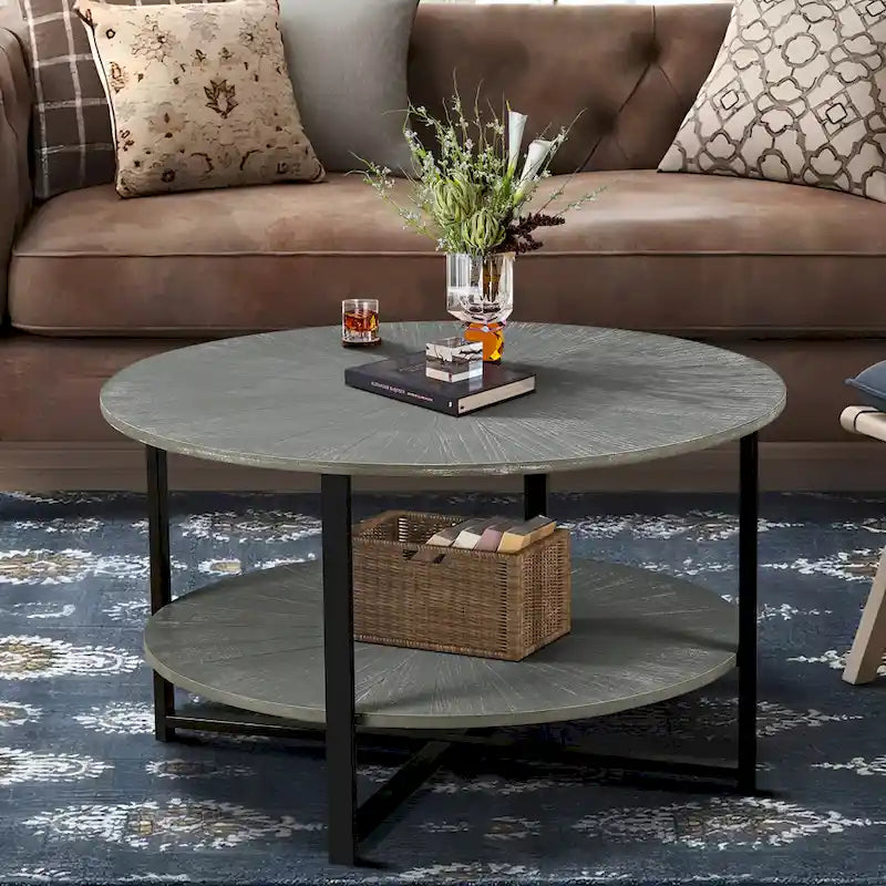 Table basse ronde de ferme avec 2 niveaux de rangement et pieds en métal en croix