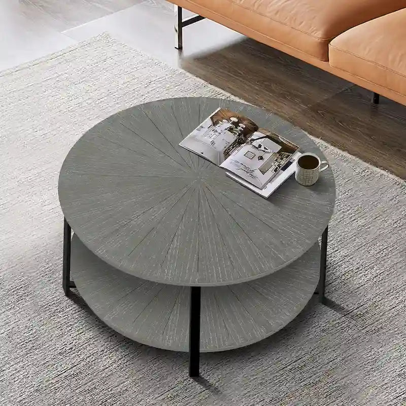 Table basse ronde de ferme avec 2 niveaux de rangement et pieds en métal en croix