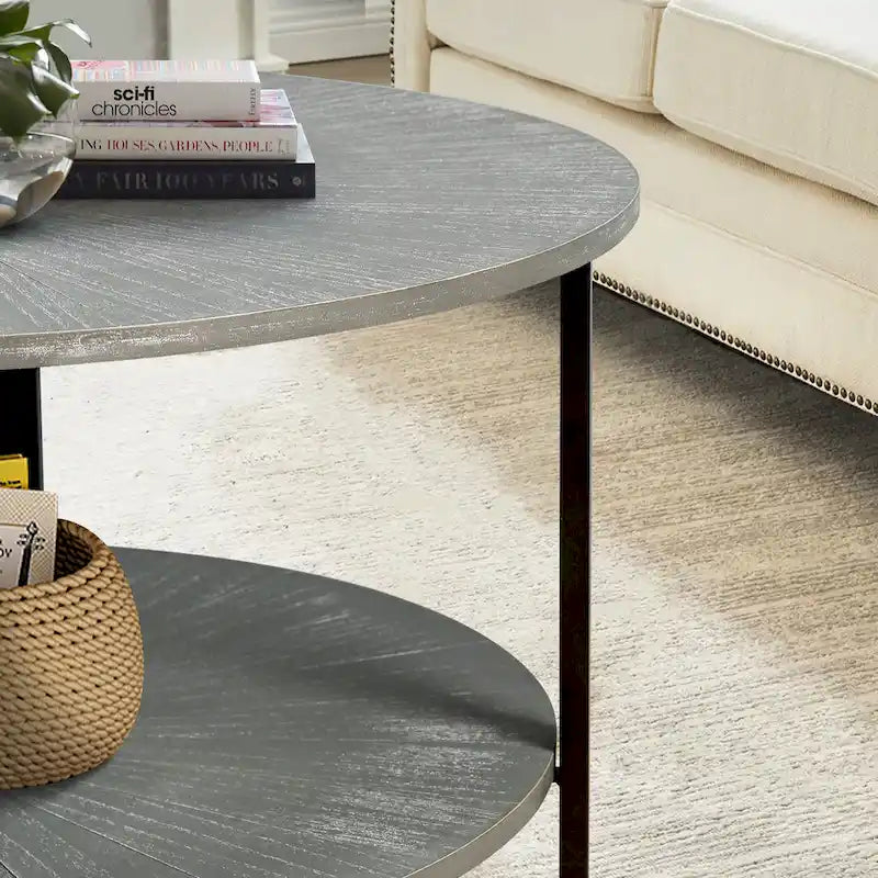 Table basse ronde de ferme avec 2 niveaux de rangement et pieds en métal en croix