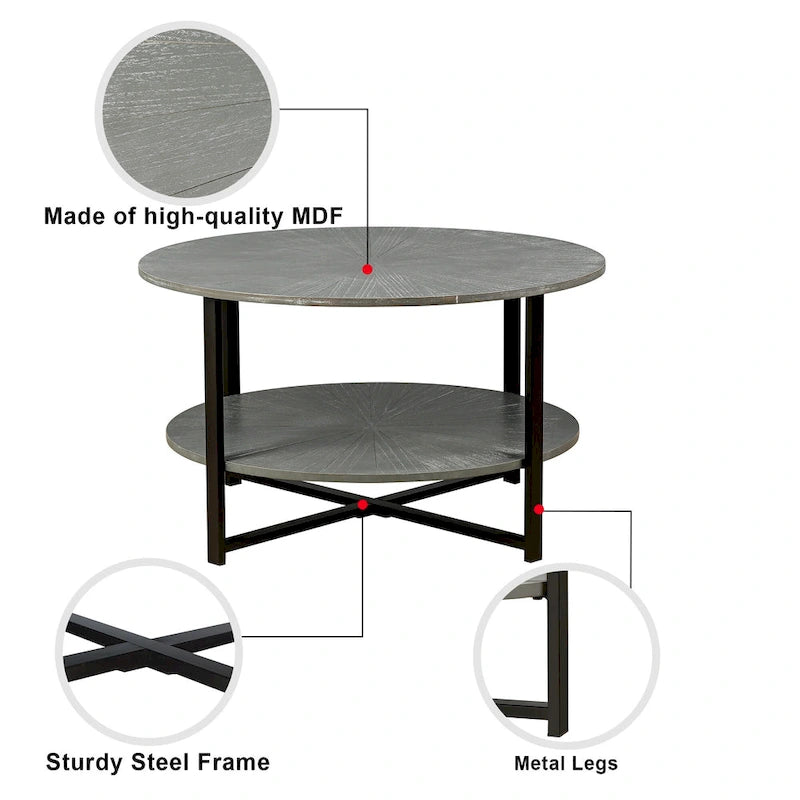 Table basse ronde de ferme avec 2 niveaux de rangement et pieds en métal en croix