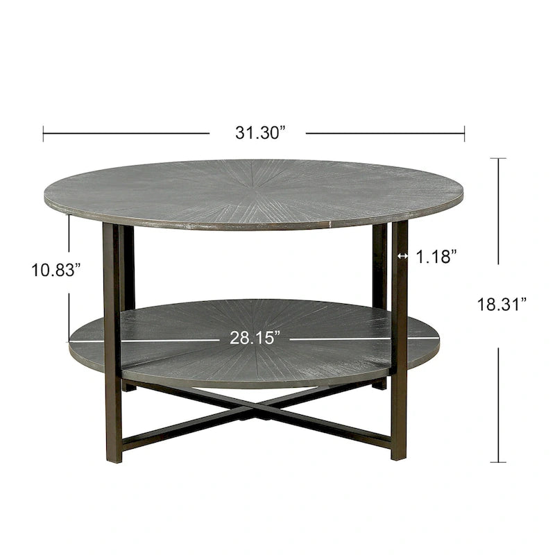 Table basse ronde de ferme avec 2 niveaux de rangement et pieds en métal en croix