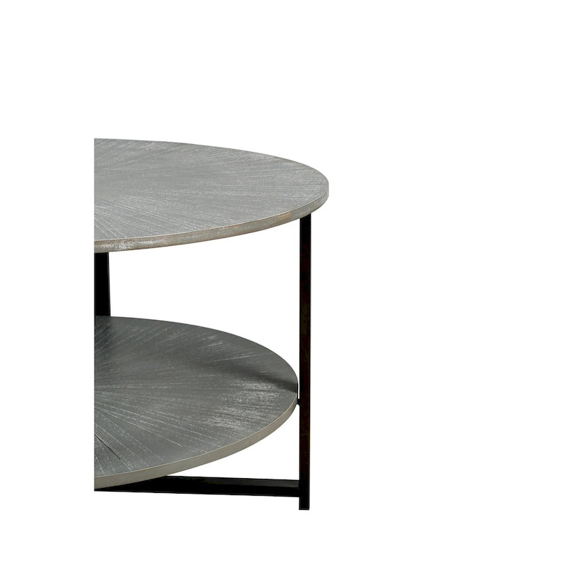 Table basse ronde de ferme avec 2 niveaux de rangement et pieds en métal en croix