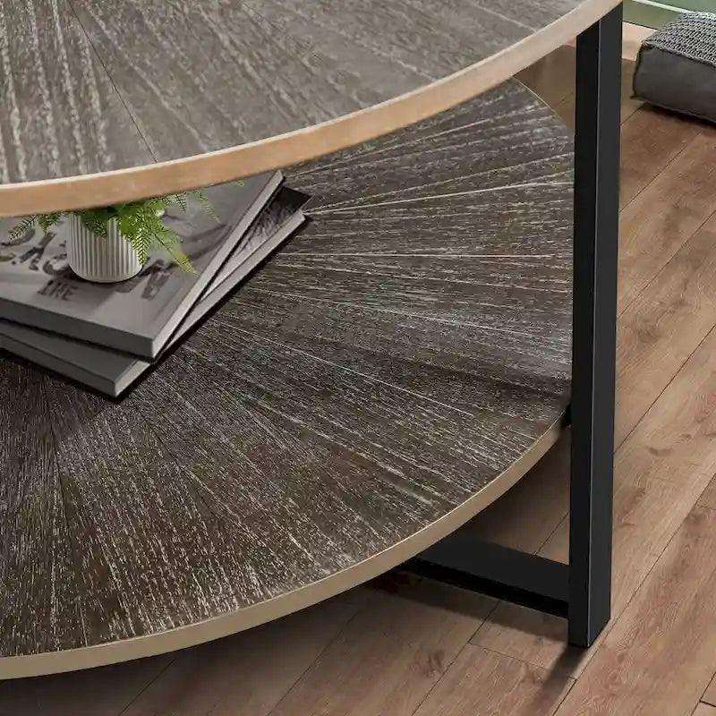 Table basse ronde de ferme avec 2 niveaux de rangement et pieds en métal en croix