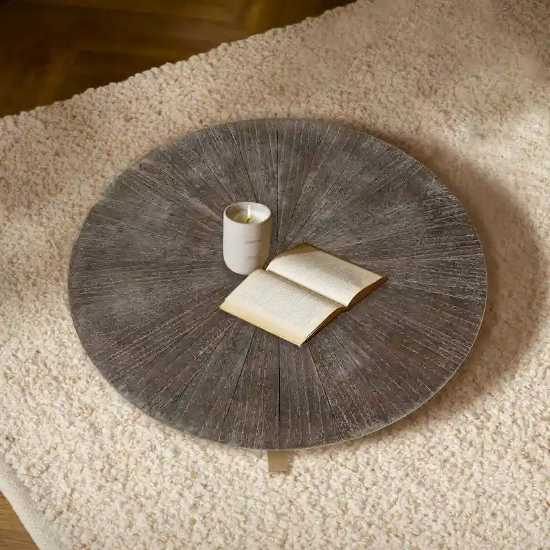 Table basse ronde de ferme avec 2 niveaux de rangement et pieds en métal en croix