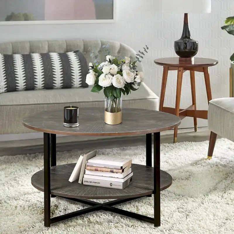 Table basse ronde de ferme avec 2 niveaux de rangement et pieds en métal en croix