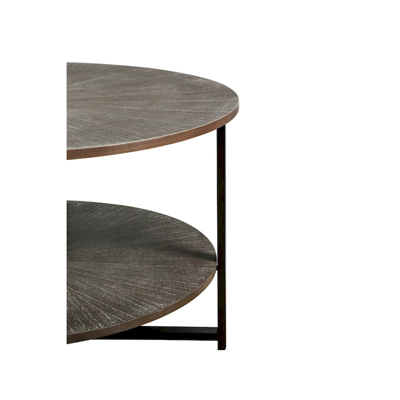 Table basse ronde de ferme avec 2 niveaux de rangement et pieds en métal en croix