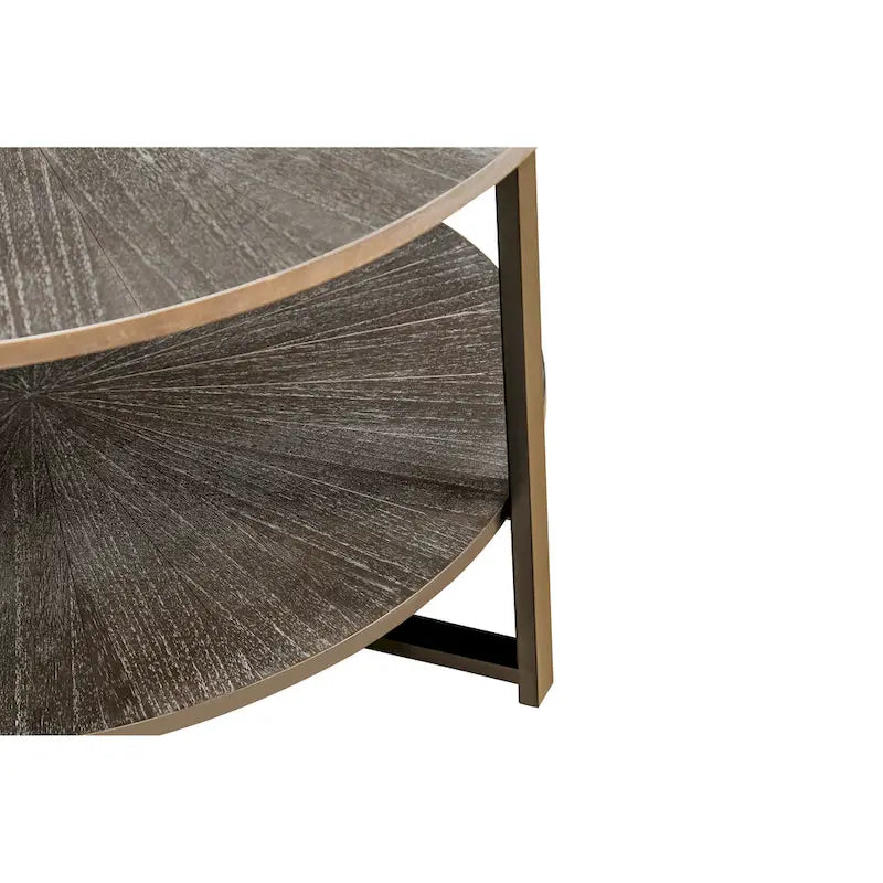 Table basse ronde de ferme avec 2 niveaux de rangement et pieds en métal en croix