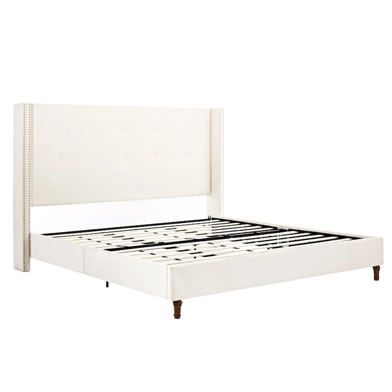 Lit king-size capitonné avec tête de lit à oreilles matelassée de 54 po et clous décoratifs