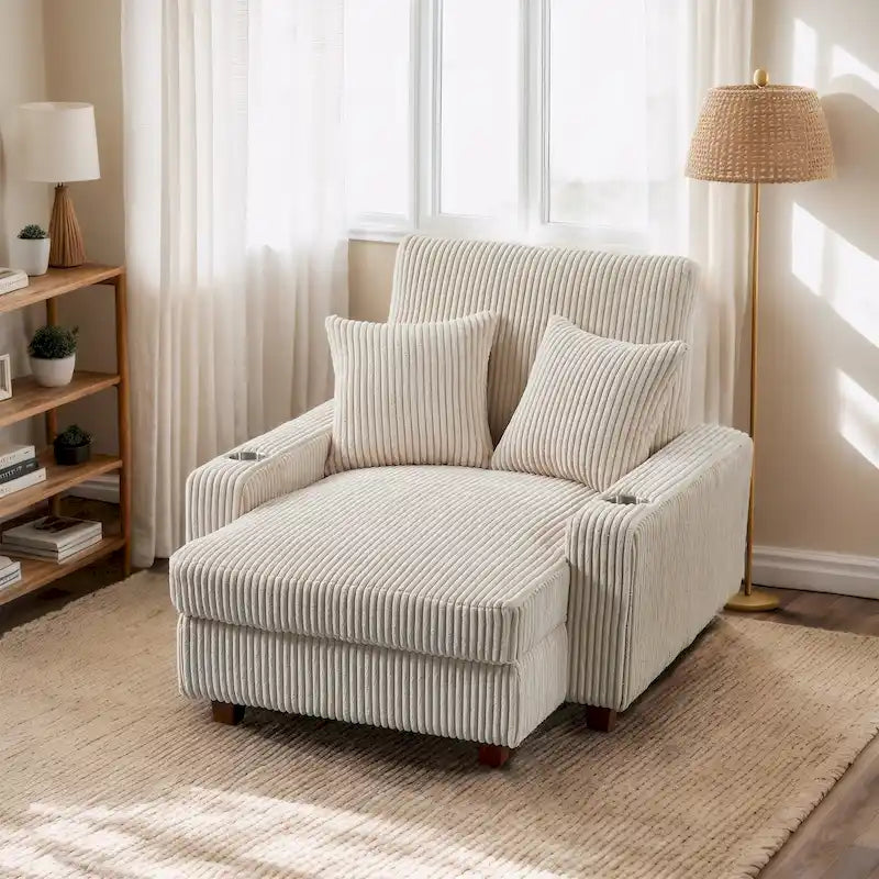 Chaise longue rembourrée avec dossier réglable et accoudoirs porte-gobelets