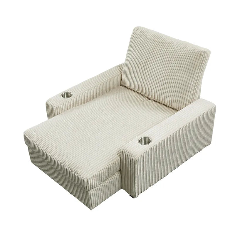 Chaise longue rembourrée avec dossier réglable et accoudoirs porte-gobelets