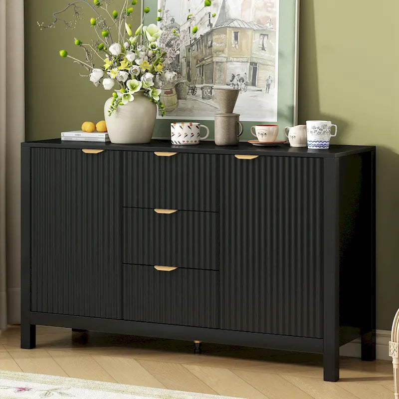 Buffet vaisselier avec 3 tiroirs, meuble de rangement de salle à manger au design ondulé, meuble de bar à café, meuble d'entrée, console