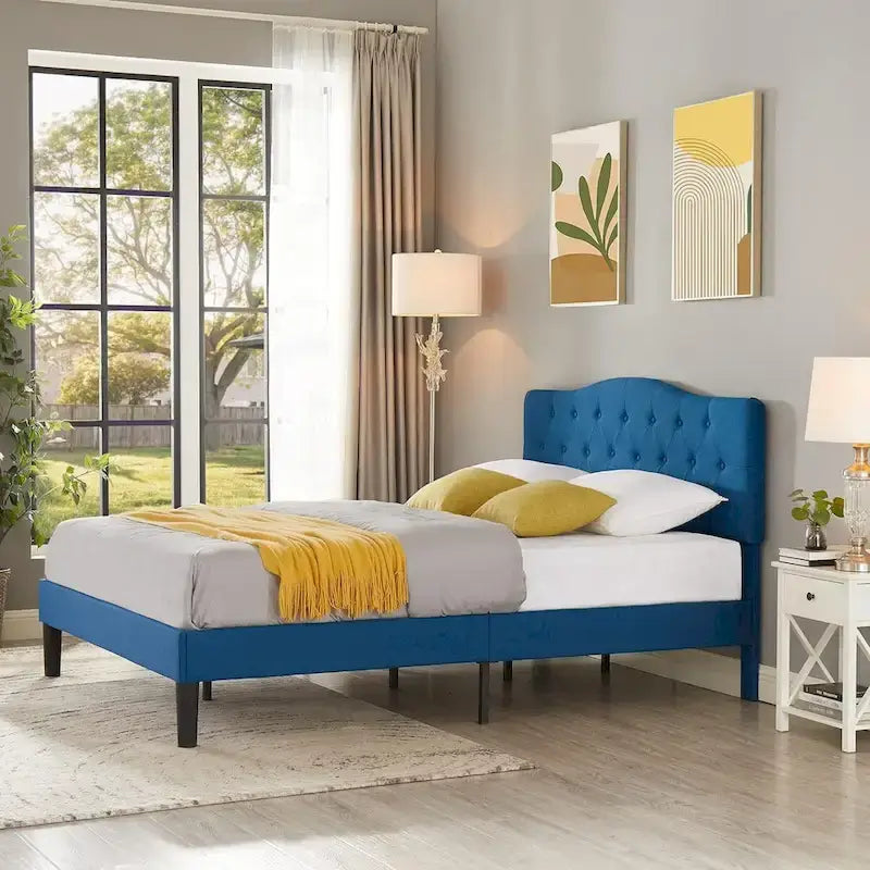 Cadre de lit capitonné moderne avec tête de lit réglable en hauteur, bleu foncé