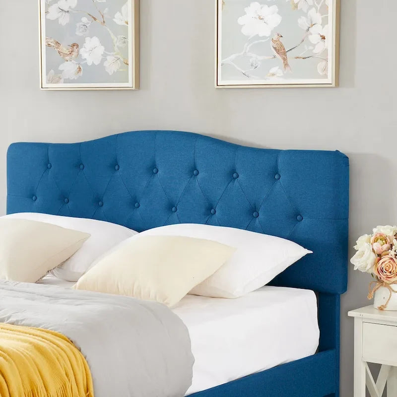 Cadre de lit capitonné moderne avec tête de lit réglable en hauteur, bleu foncé