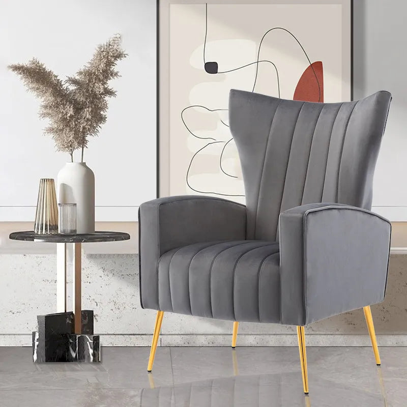Fauteuil d'appoint dossier haut en velours avec pieds en métal doré