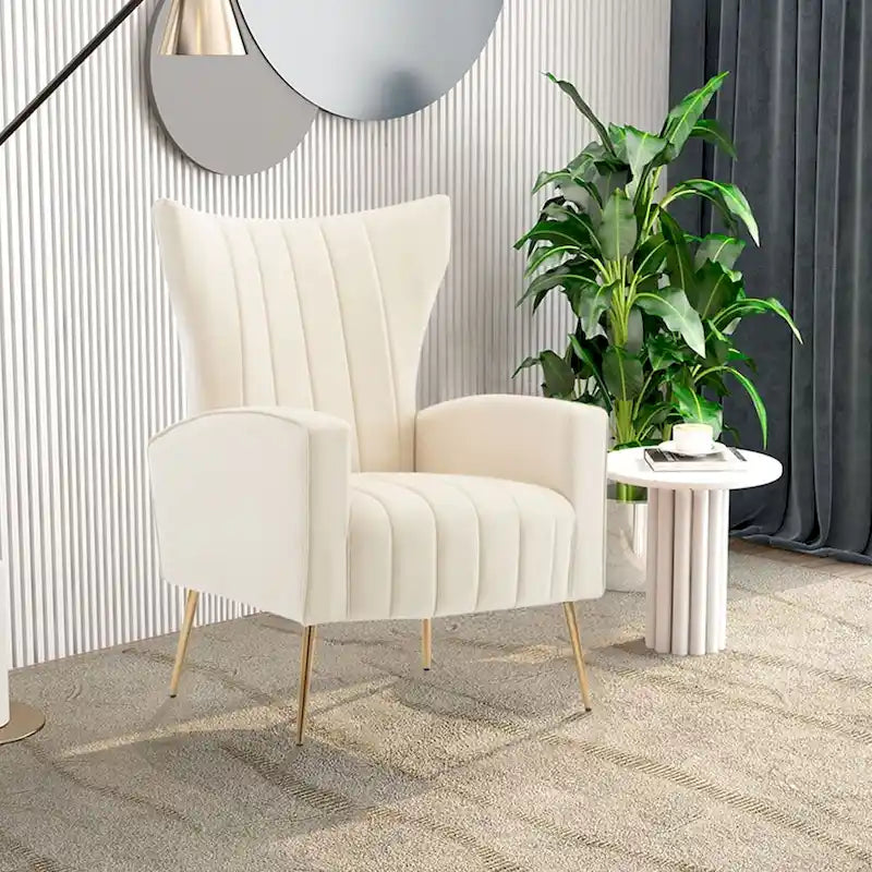 Fauteuil d'appoint dossier haut en velours avec pieds en métal doré