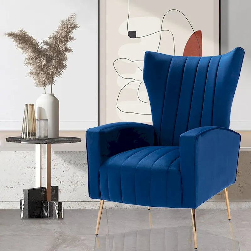 Fauteuil d'appoint dossier haut en velours avec pieds en métal doré