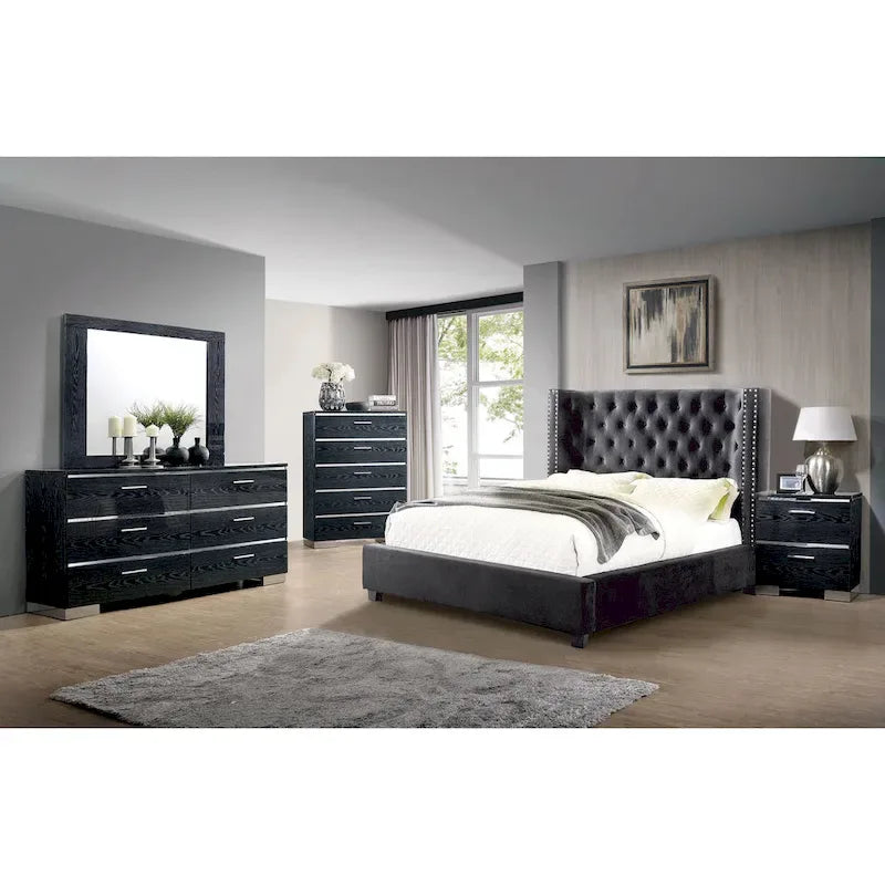 Lit plateforme Glam Wingback avec capitonnage à boutons et garniture cloutée – Gris foncé