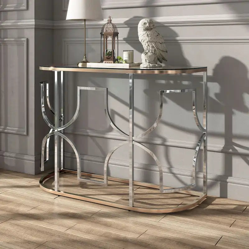 Table basse semi-circulaire moderne avec plateau en verre trempé – Chrome et or