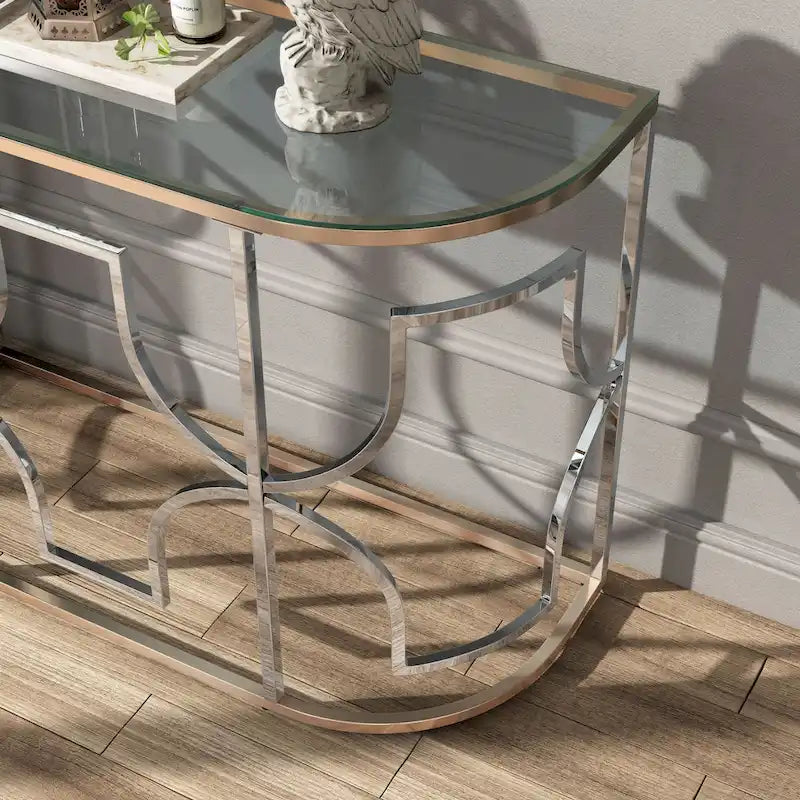 Table basse semi-circulaire moderne avec plateau en verre trempé – Chrome et or