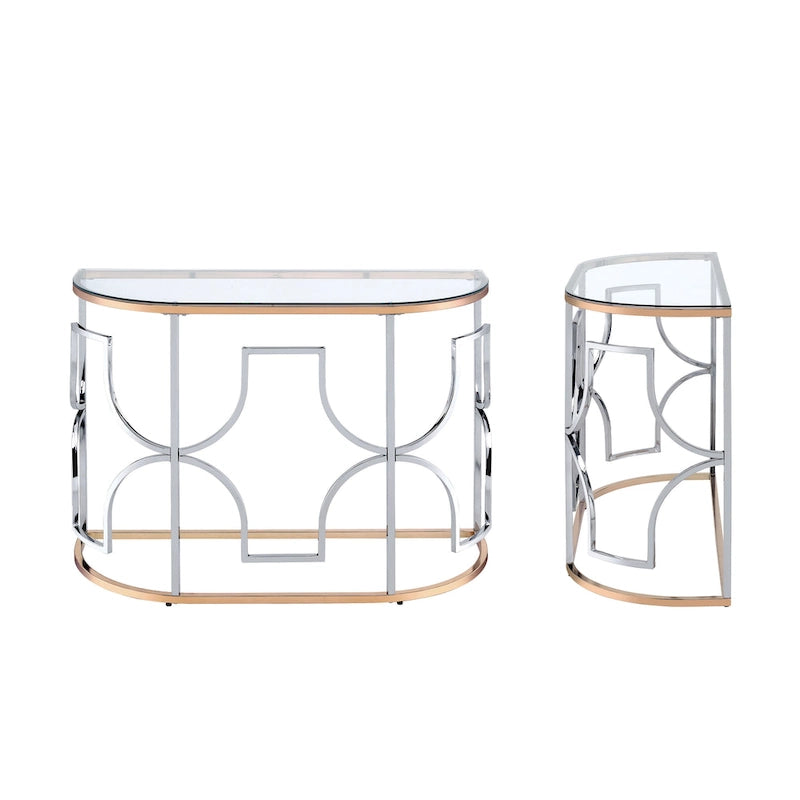 Table basse semi-circulaire moderne avec plateau en verre trempé – Chrome et or