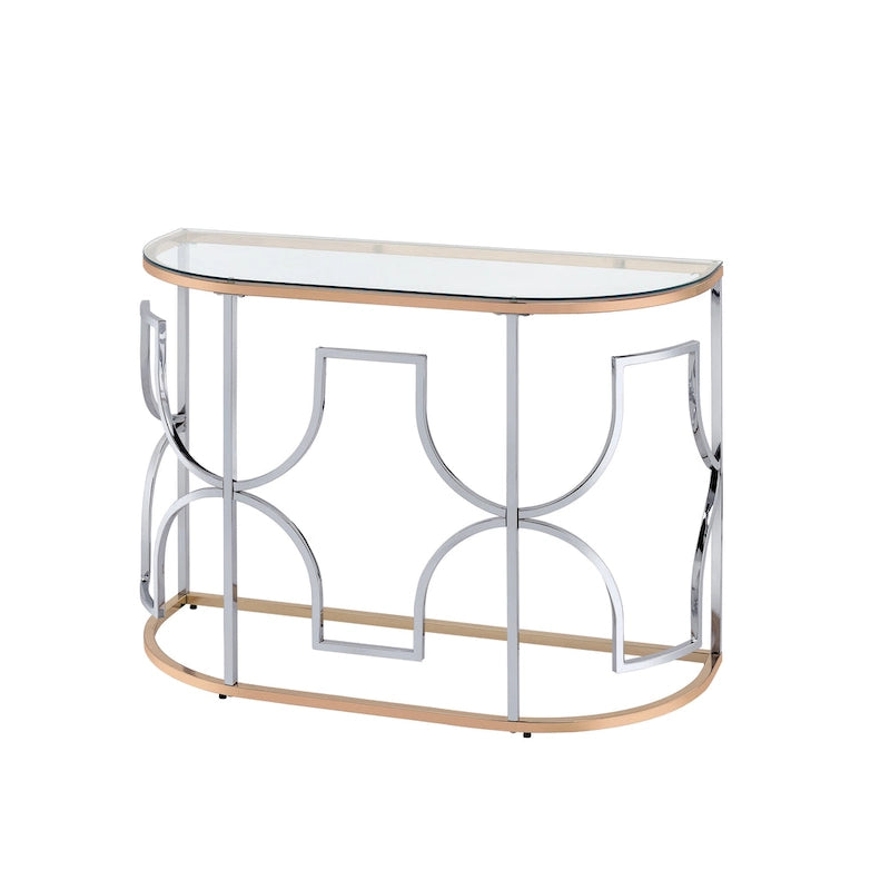 Table basse semi-circulaire moderne avec plateau en verre trempé – Chrome et or