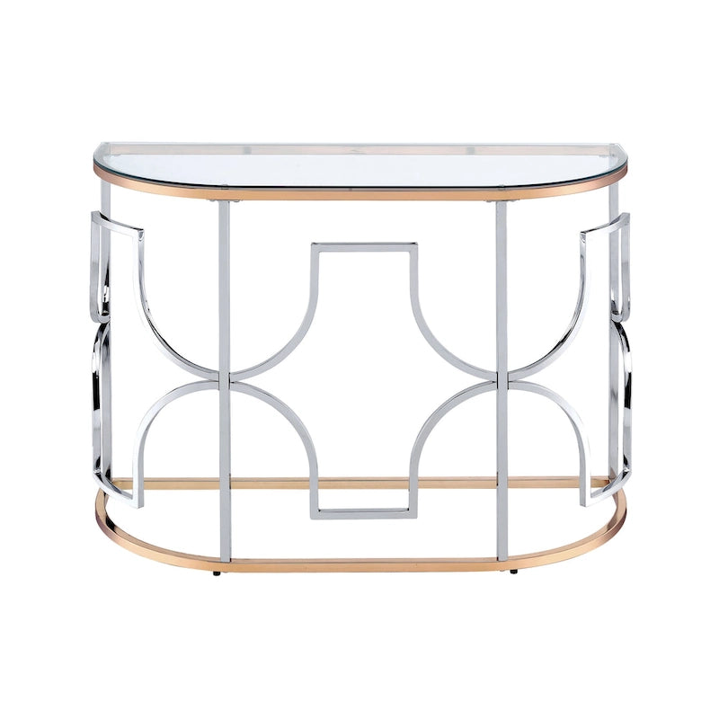 Table basse semi-circulaire moderne avec plateau en verre trempé – Chrome et or