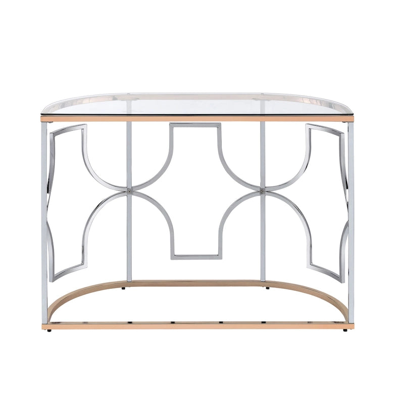 Table basse semi-circulaire moderne avec plateau en verre trempé – Chrome et or