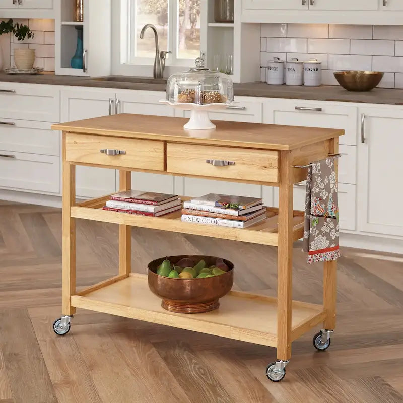 Desserte de cuisine roulante avec plateau en bois, 2 tiroirs et étagère porte-bouteilles réglable