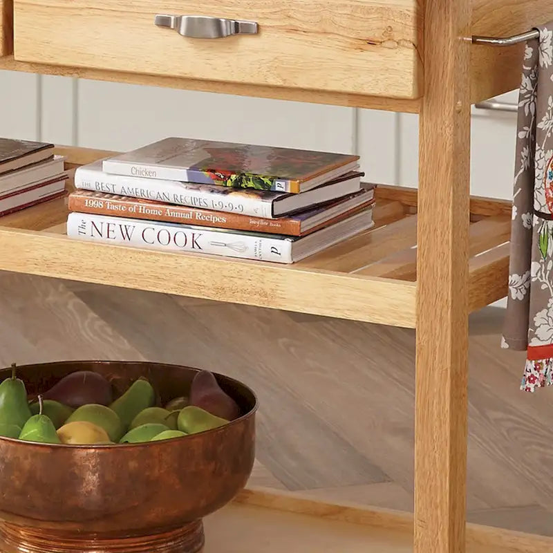 Desserte de cuisine roulante avec plateau en bois, 2 tiroirs et étagère porte-bouteilles réglable