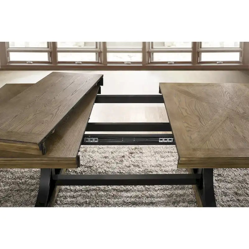 Table à manger rustique extensible avec piètement tréteau – Finition bois flotté