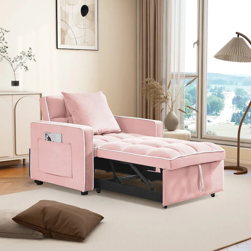 Canapé-lit convertible en velours avec dossier réglable et pochette de rangement