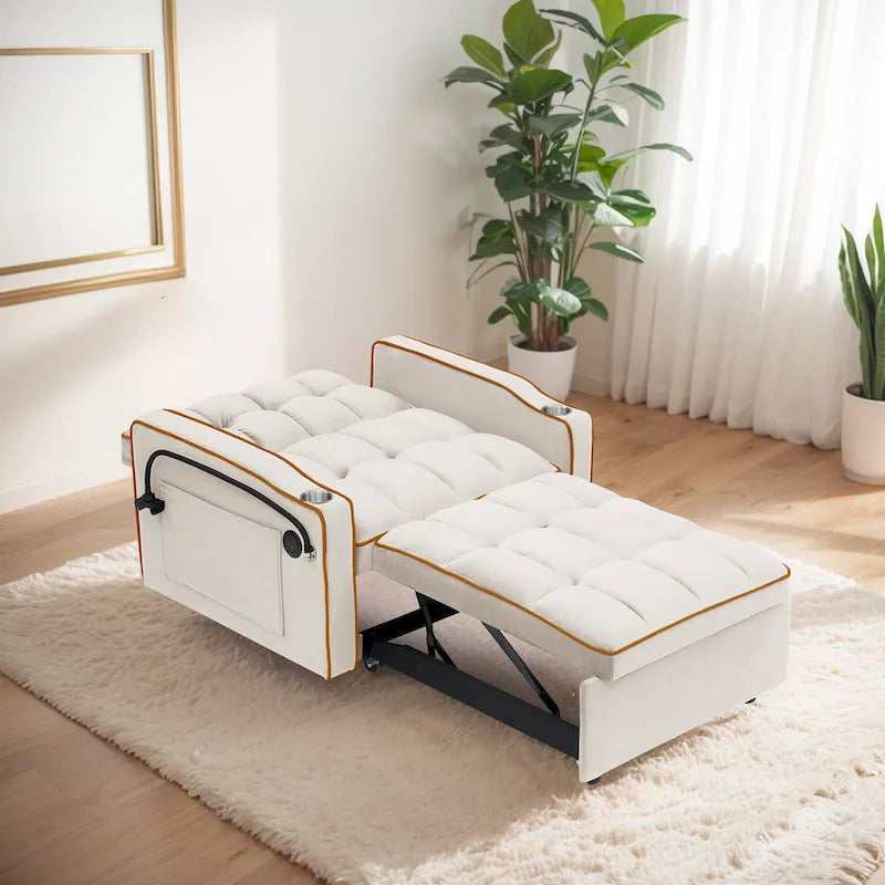 Canapé-lit convertible en velours avec dossier réglable et pochette de rangement