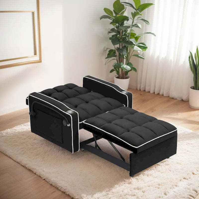 Canapé-lit convertible en velours avec dossier réglable et pochette de rangement