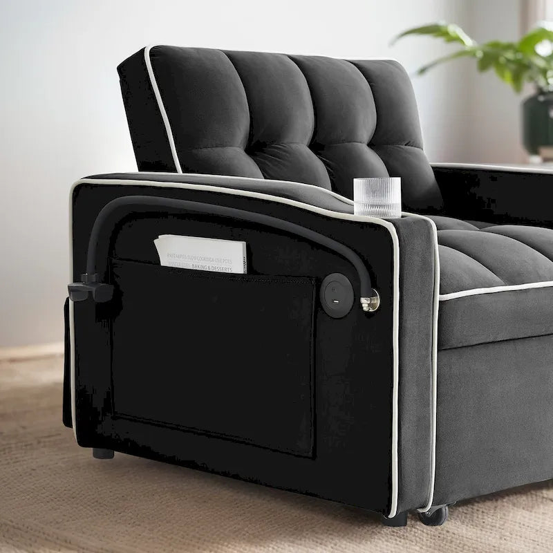 Canapé-lit convertible en velours avec dossier réglable et pochette de rangement