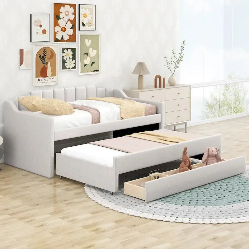 Lit de repos rembourré avec lit gigogne et 3 tiroirs de rangement – Beige