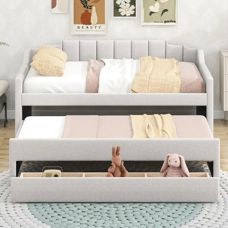 Lit de repos rembourré avec lit gigogne et 3 tiroirs de rangement – Beige