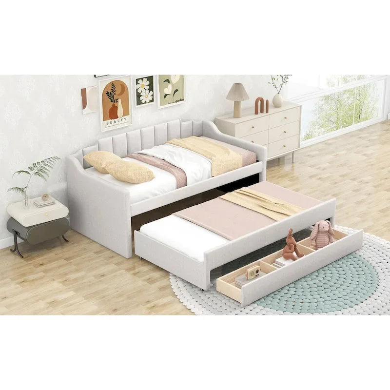 Lit de repos rembourré avec lit gigogne et 3 tiroirs de rangement – Beige