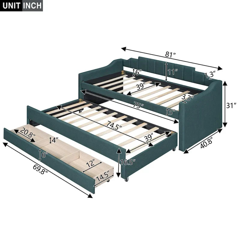 Lit de repos rembourré avec lit gigogne et 3 tiroirs de rangement – Beige