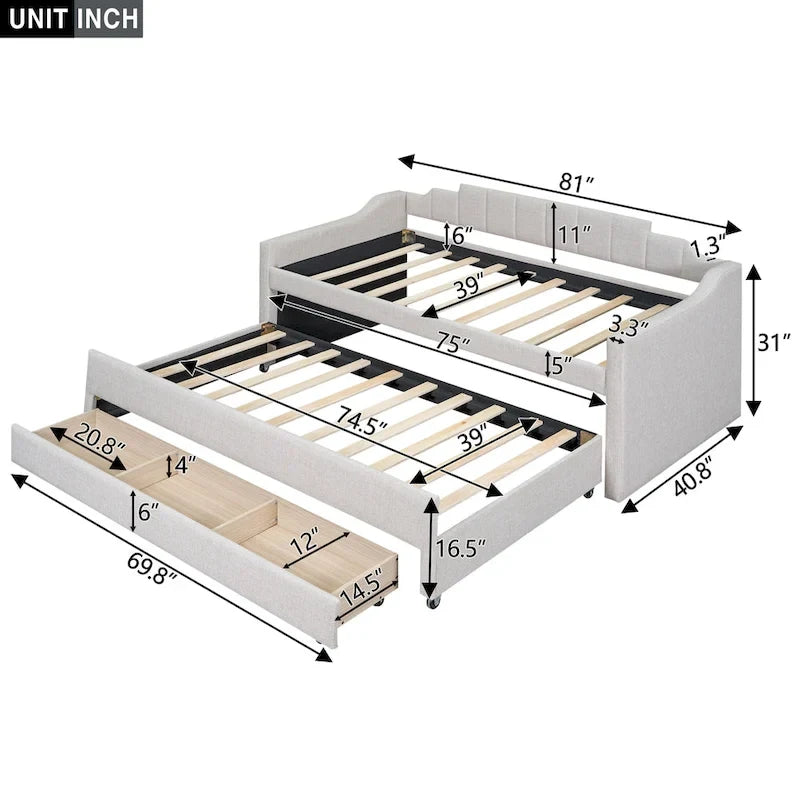 Lit de repos rembourré avec lit gigogne et 3 tiroirs de rangement – Beige