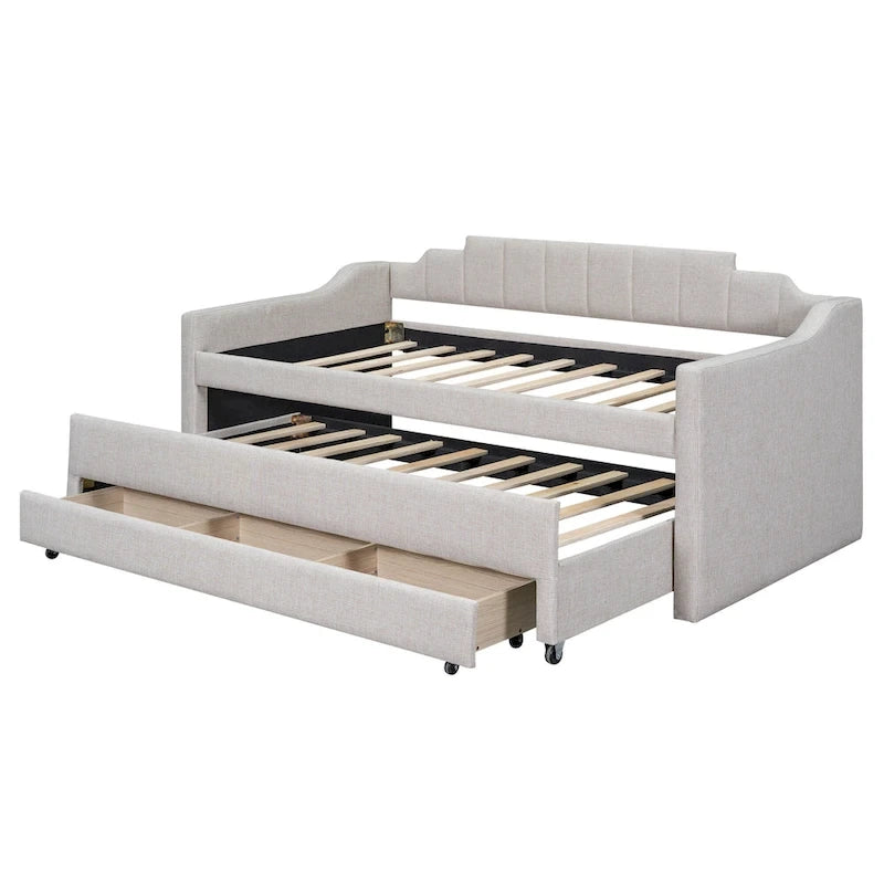Lit de repos rembourré avec lit gigogne et 3 tiroirs de rangement – Beige