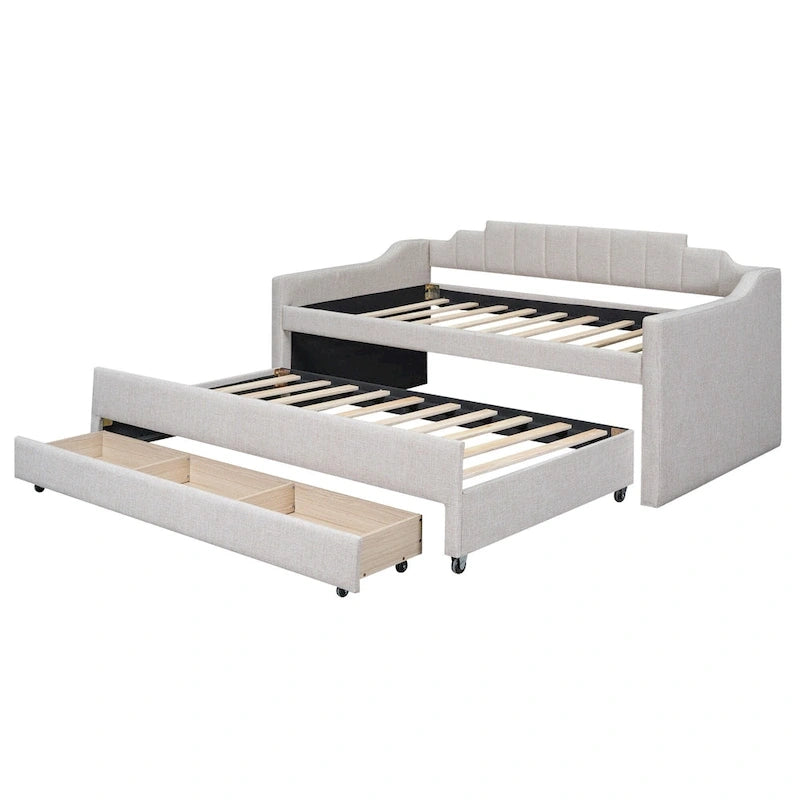 Lit de repos rembourré avec lit gigogne et 3 tiroirs de rangement – Beige