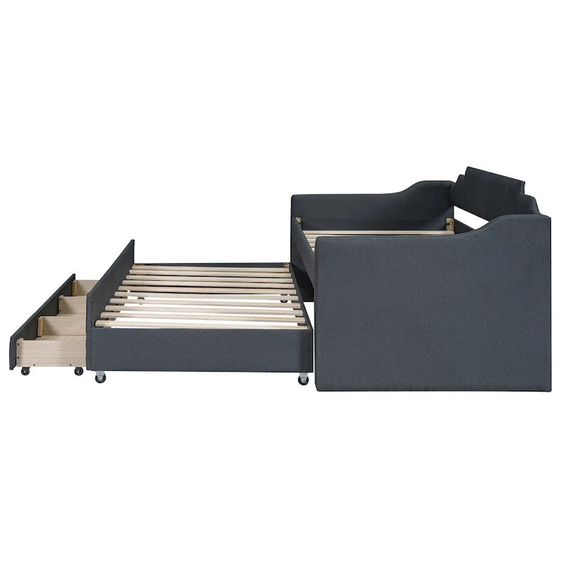 Lit de repos rembourré avec lit gigogne et 3 tiroirs de rangement – Beige