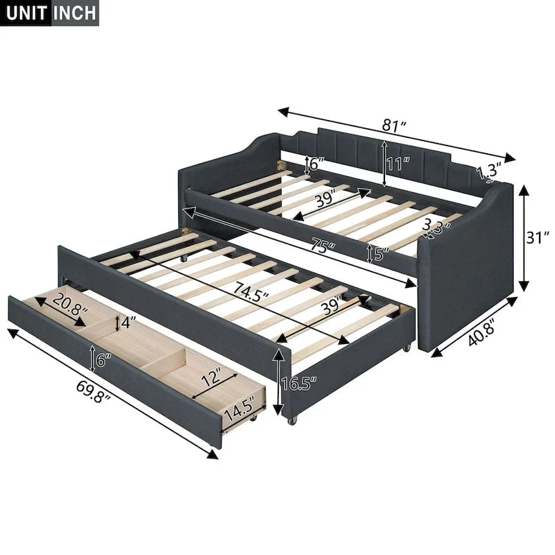 Lit de repos rembourré avec lit gigogne et 3 tiroirs de rangement – Beige