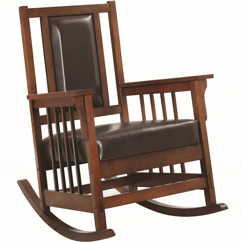 Fauteuil à bascule en bois de style mission avec assise rembourrée marron
