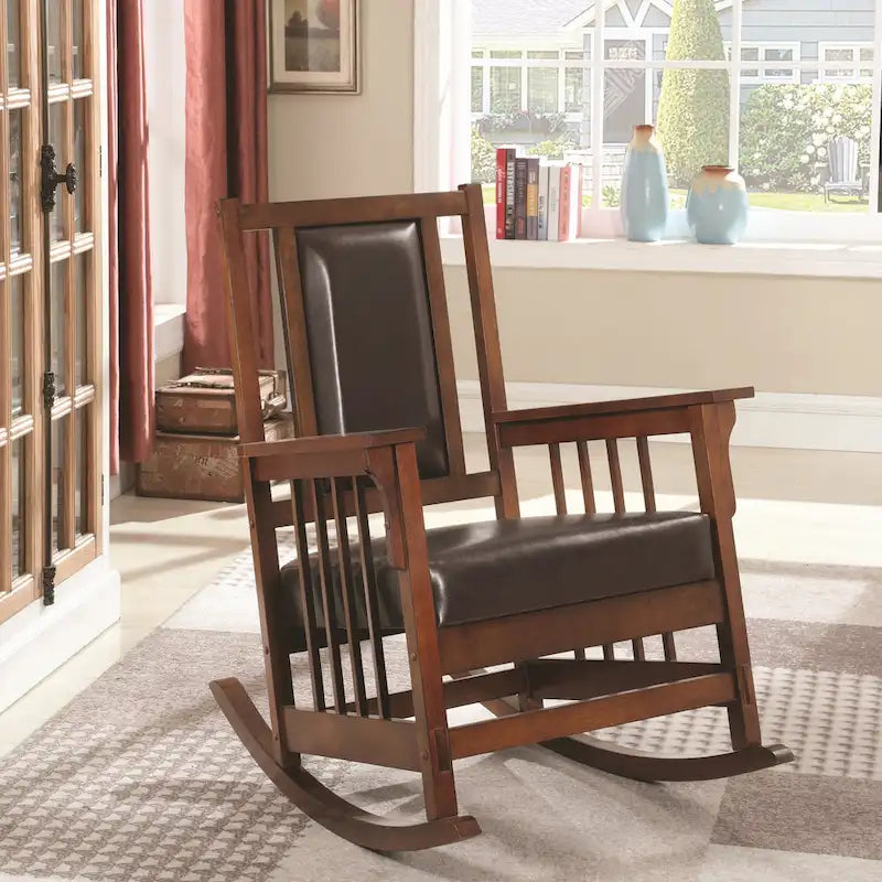 Fauteuil à bascule en bois de style mission avec assise rembourrée marron